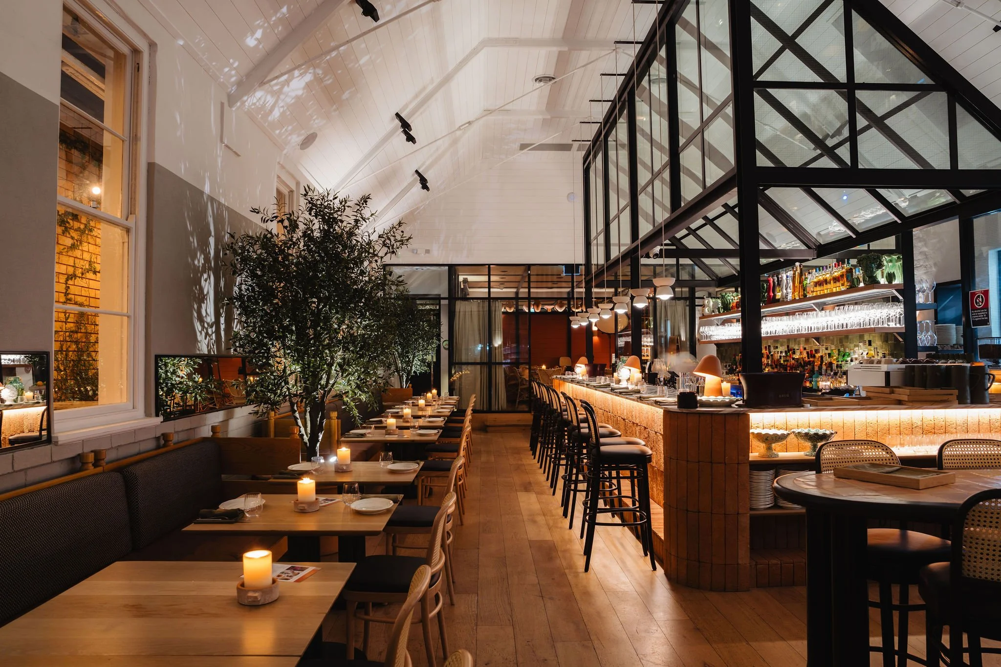 Interior of a cozy restaurant or bar with wooden floors, dim lighting, candles on tables, a large potted plant, and a modern bar area with glassware and bottles behind the counter.
