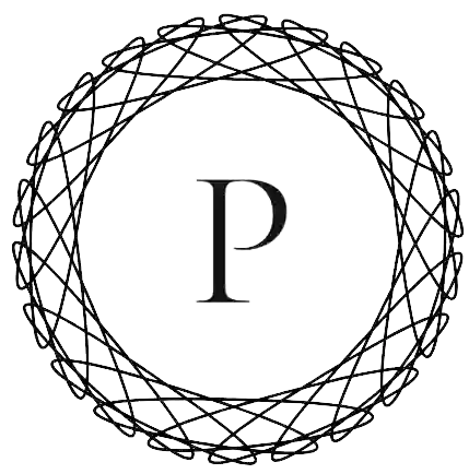 Logo de l'agence Passerelle, agence d'architecture d'intérieur à Lyon, lettre « P » blanche entourée d’un cercle ornemental entrelacé sur fond noir