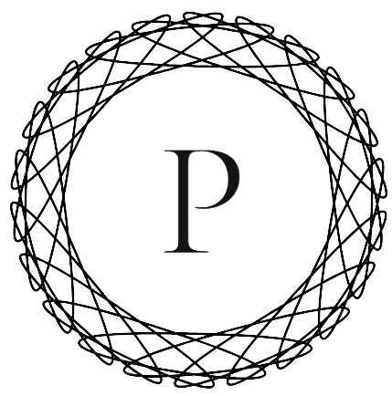 Logo de l'agence Passerelle, agence d'architecture d'intérieur à Lyon, lettre « P » blanche entourée d’un cercle ornemental entrelacé sur fond noir