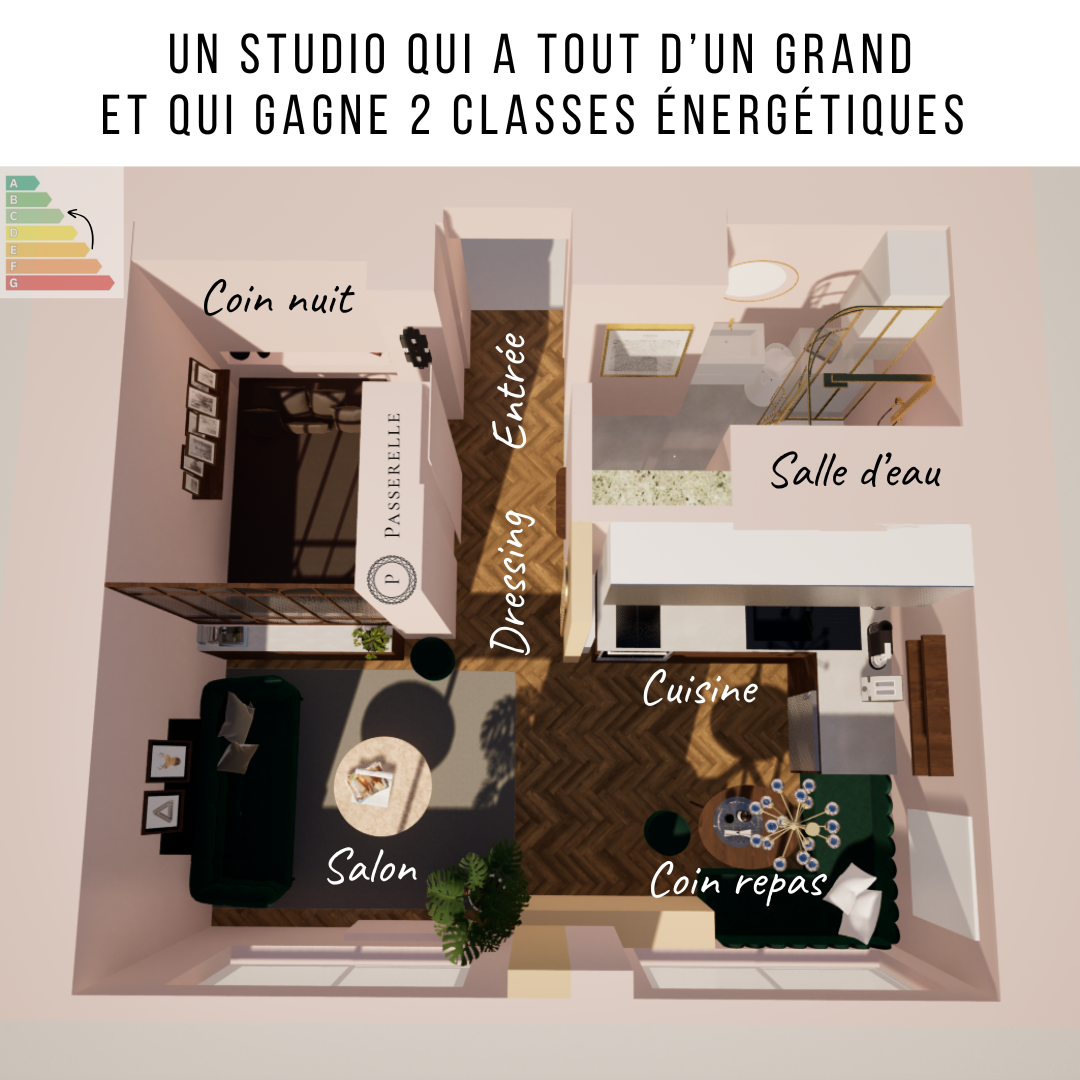 Plan d'un studio comprenant un salon avec canapé, une cuisine, un coin repas, une salle d'eau, une entrée, un dressing, un coin nuit, et une passerelle. Étiquette énergétique en haut à gauche.