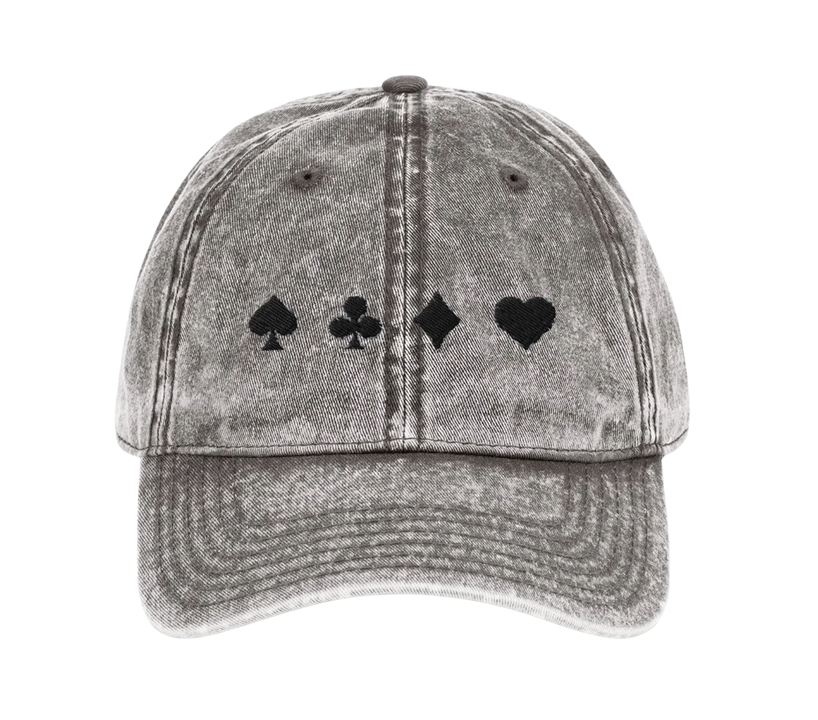 Gray washed denim Irma Pany baseball cap with embroidered card suit symbols, official merch (Irma Singer, Irma Music, Irmasongs).