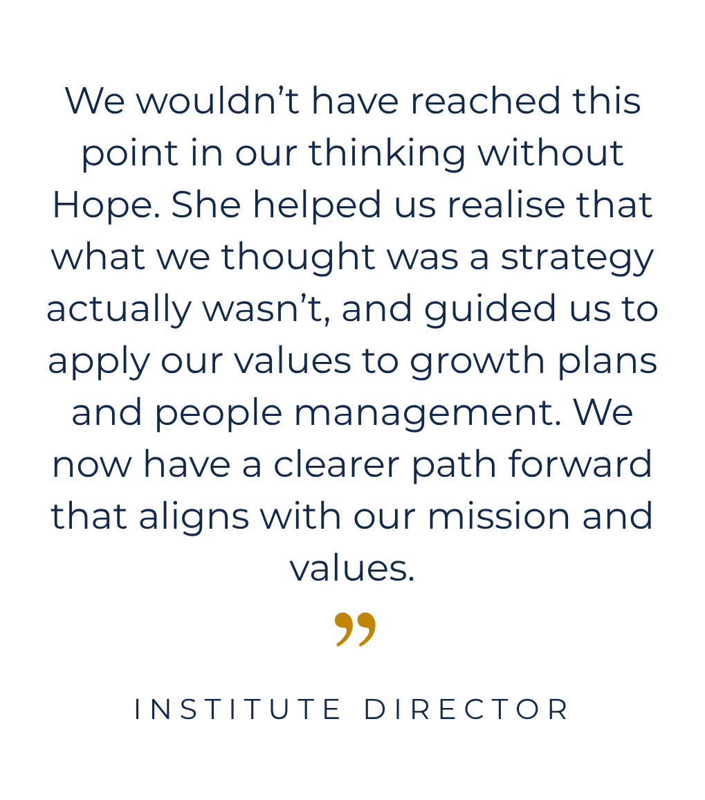 Client testimonial on clarifying strategy and aligning growth and people management with organisational values after working with Attuned Leadership