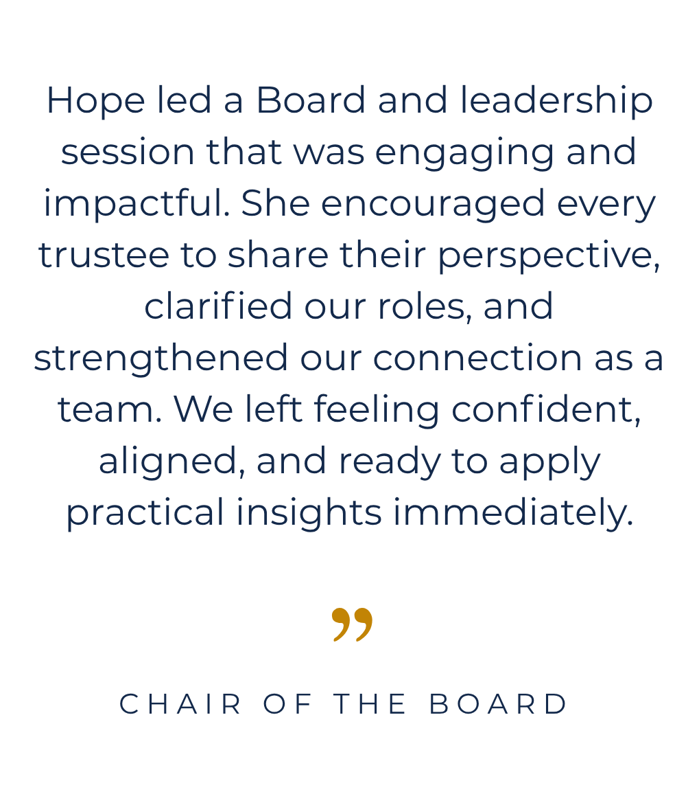 Client testimonial on an engaging board session that clarified roles, strengthened team alignment, and built confidence to apply practical insights