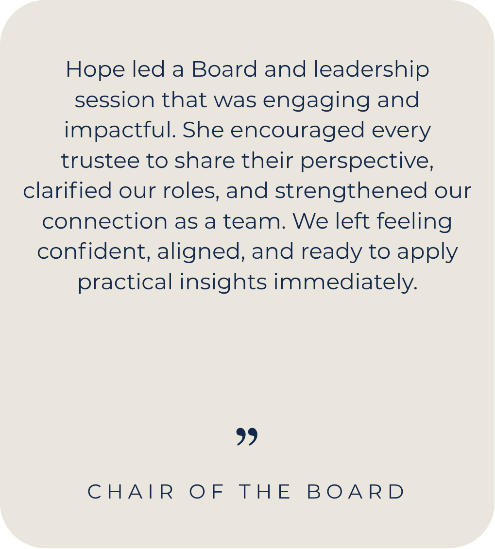 Client testimonial on a facilitated board and leadership session that improved participation, clarified roles, and strengthened team alignment and confidence.