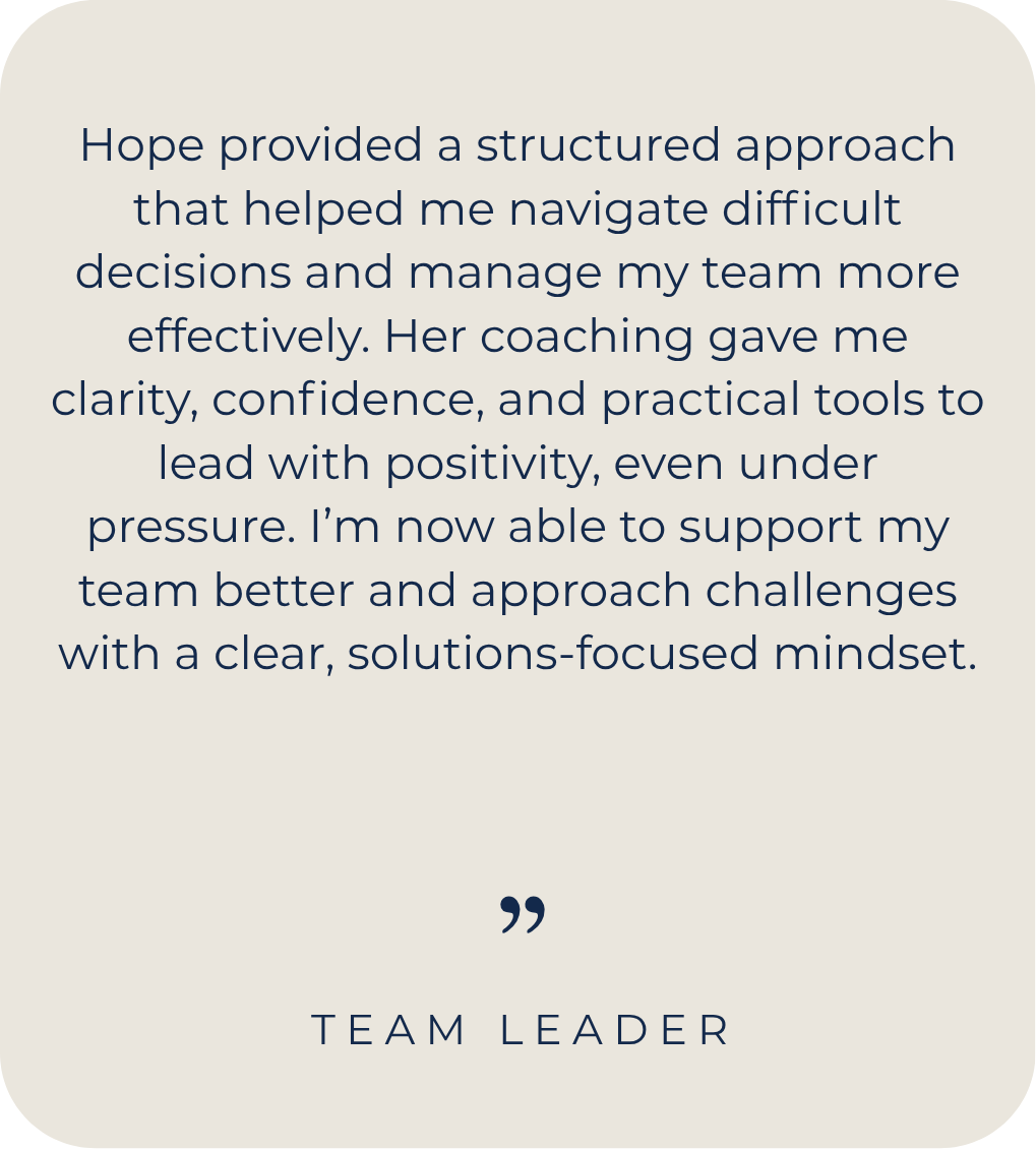 Client testimonial on gaining clarity, confidence, and practical leadership tools through structured coaching to improve decision-making and team management under pressure.