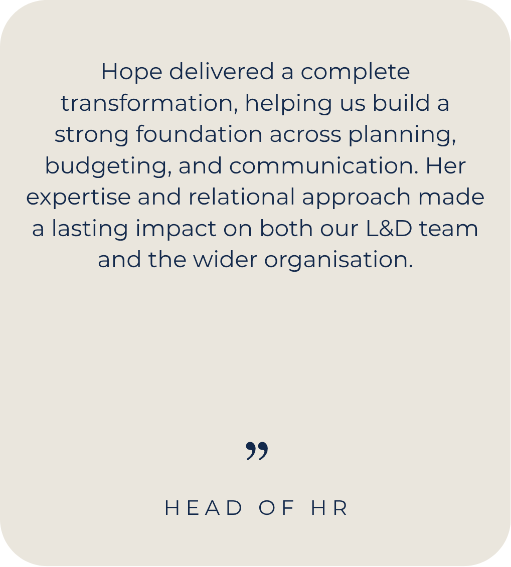 Client testimonial on strengthening organisational foundations in planning, budgeting, and communication through a relational leadership and organisational development approach.