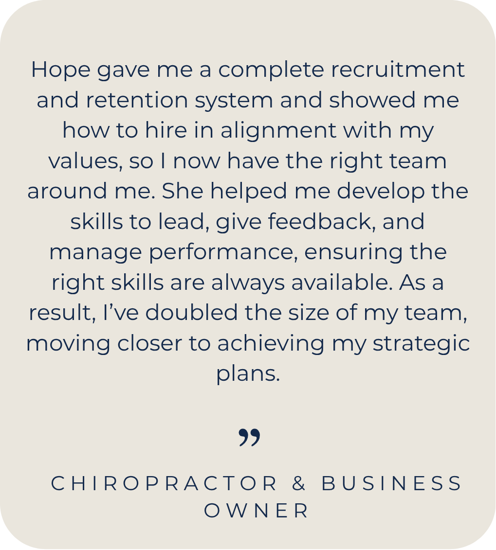 Client testimonial on developing a values-led recruitment and retention system, strengthening leadership and performance management skills, and successfully growing and aligning a high-performing team.