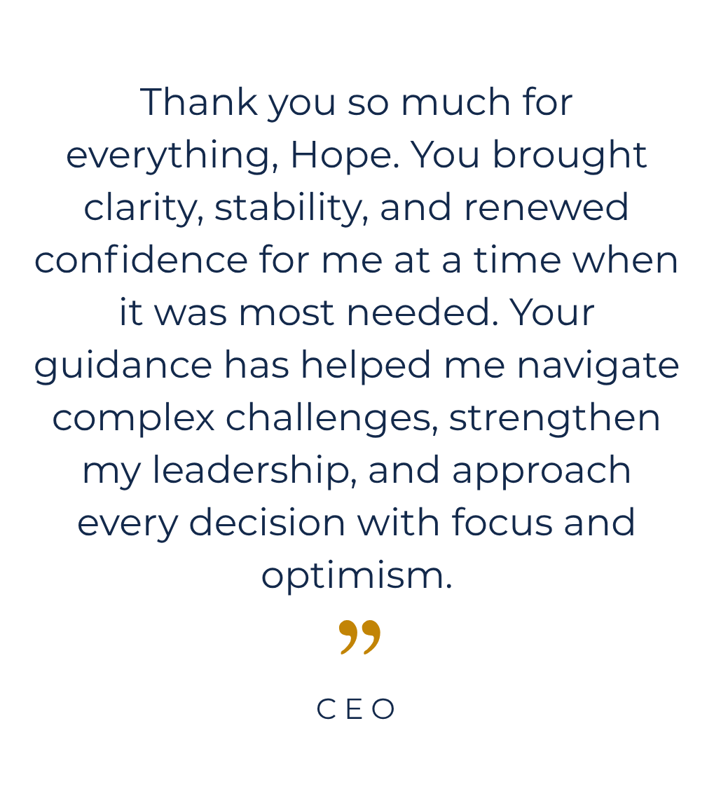 Client testimonial on gaining clarity, confidence, and stability while navigating complex leadership challenges with Attuned Leadership