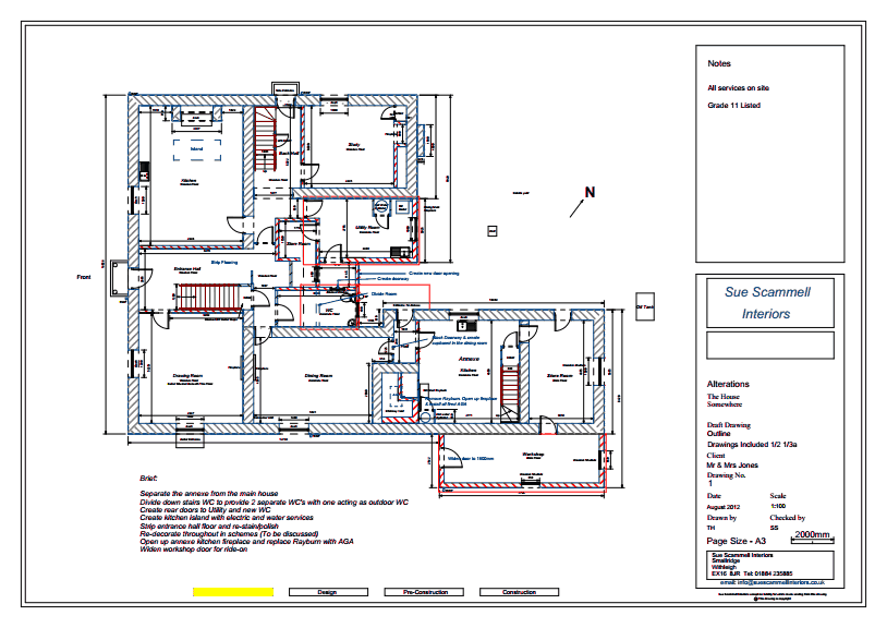 Architectural floor plan with labeled rooms and notes for interior alterations designed by Sue Scammell Interiors.