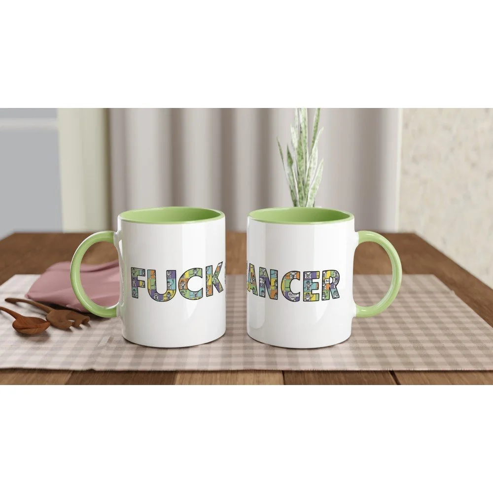 White 11oz Ceramic Mug with Color Inside - "Fuck Cancer"