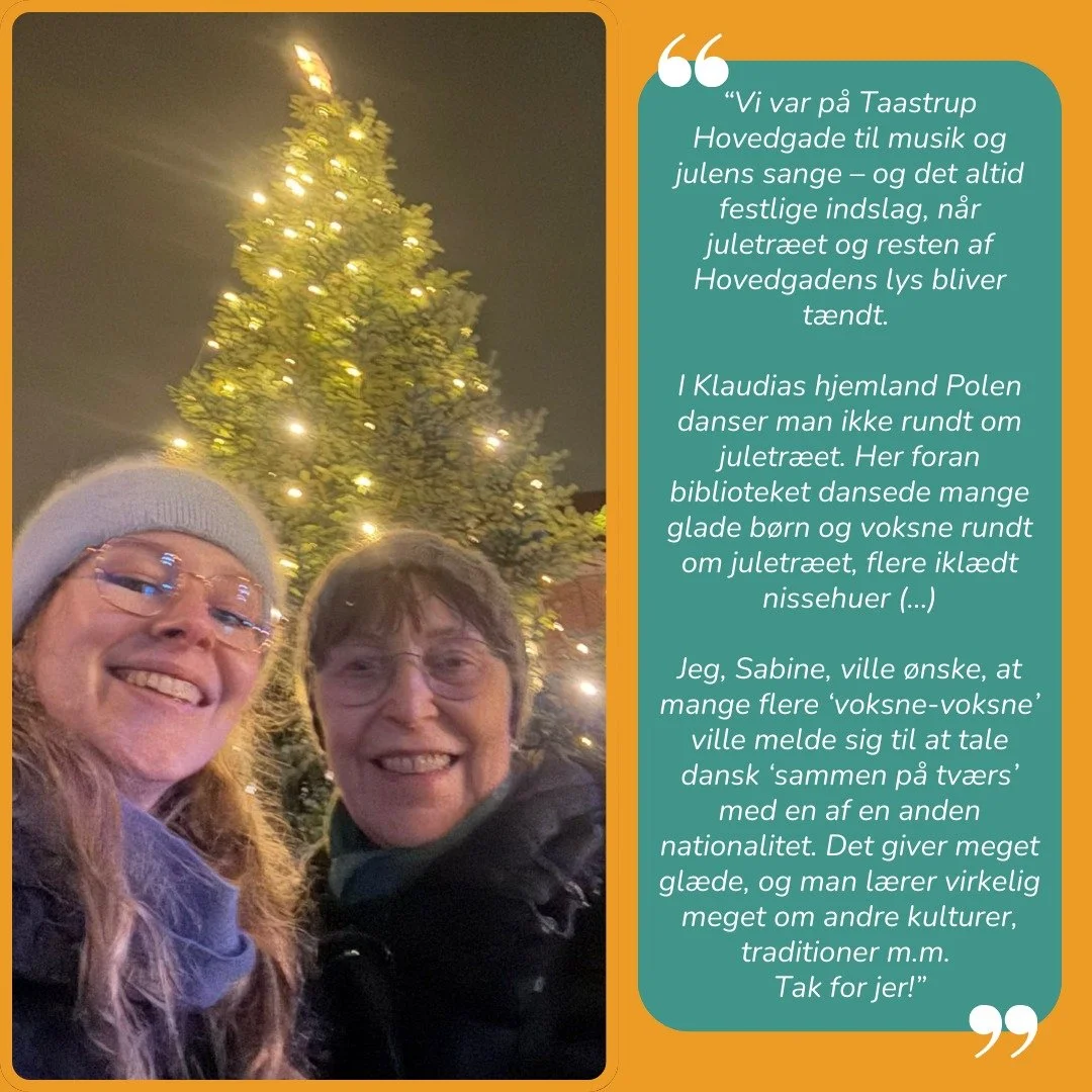 Vi modtog i starten af december dette dejlige julebillede fra to af vores frivillige i H&oslash;je-Taastrup, Sabine og Klaudia, som har m&oslash;dtes i mere end halvandet &aring;r nu &ndash; sammen med en fin lille julehilsen.

Vi er s&aring; glade f
