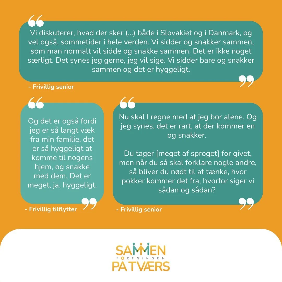 Et lille udpluk af refleksioner fra et frivilligt matchpar, interviewet af to studerende fra Aarhus Universitet, giver et fint indblik i, hvad m&oslash;derne gennem Sammen p&aring; Tv&aelig;rs kan v&aelig;re.

De fort&aelig;ller om det helt enkle i a