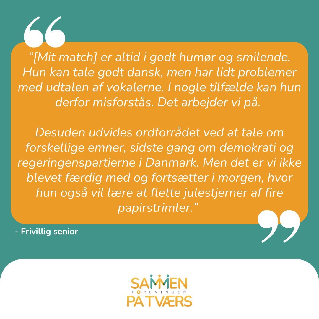 Hos Sammen p&aring; Tv&aelig;rs er det altid de to parter i matchet, der er med til at forme deres m&oslash;der og aktiviteter. Vi giver gerne input til samtaleemner og st&oslash;tter undervejs, men ellers tager samtalerne udgangspunkt i deltagernes 