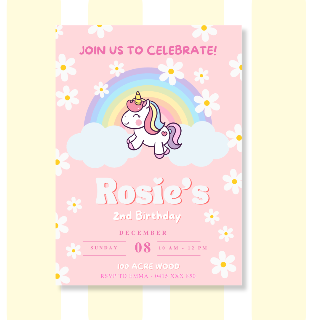 Pretty Pink Unicorn Birthday Invitation