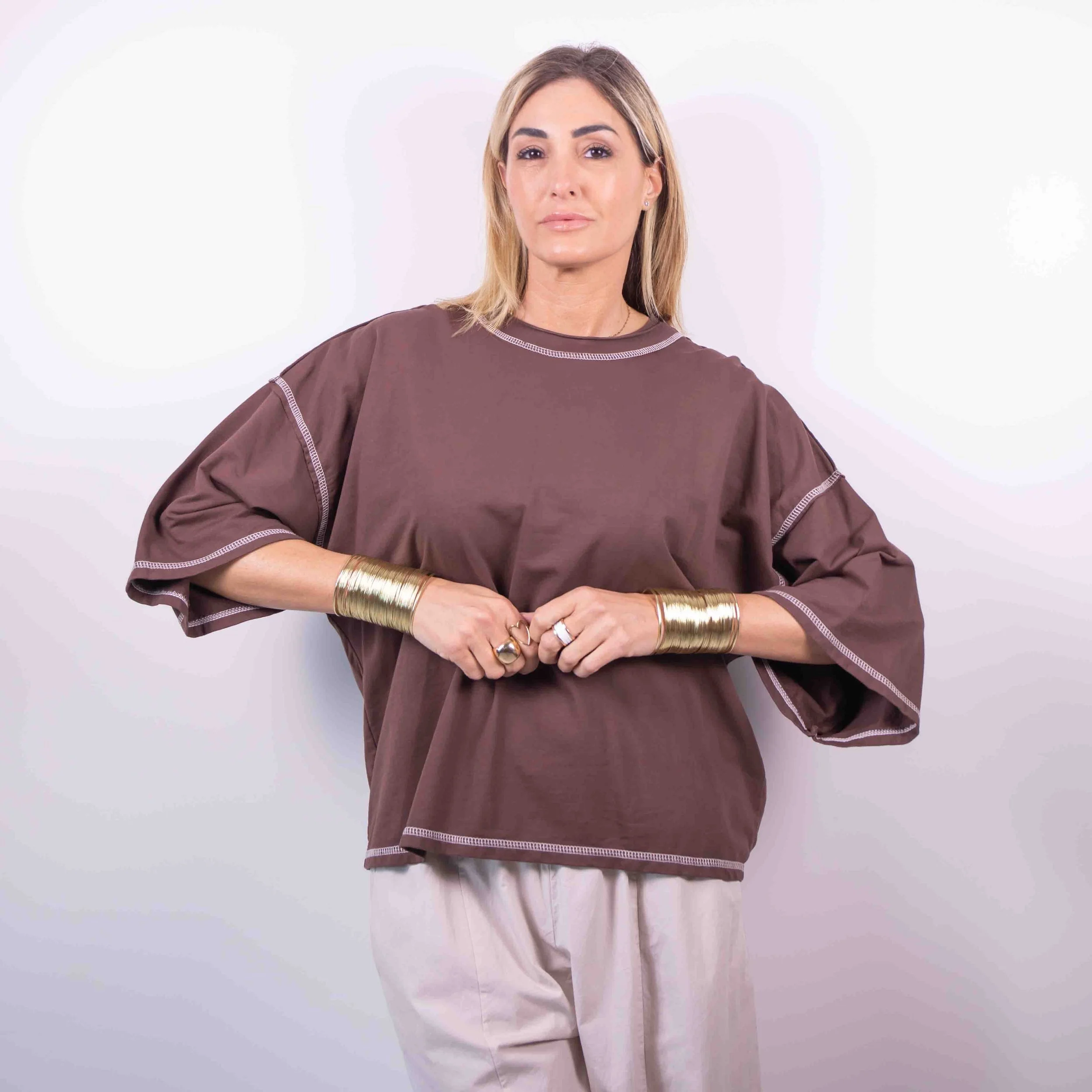 Maglietta Over in Caldo Cotone con cuciture | Cioccolato