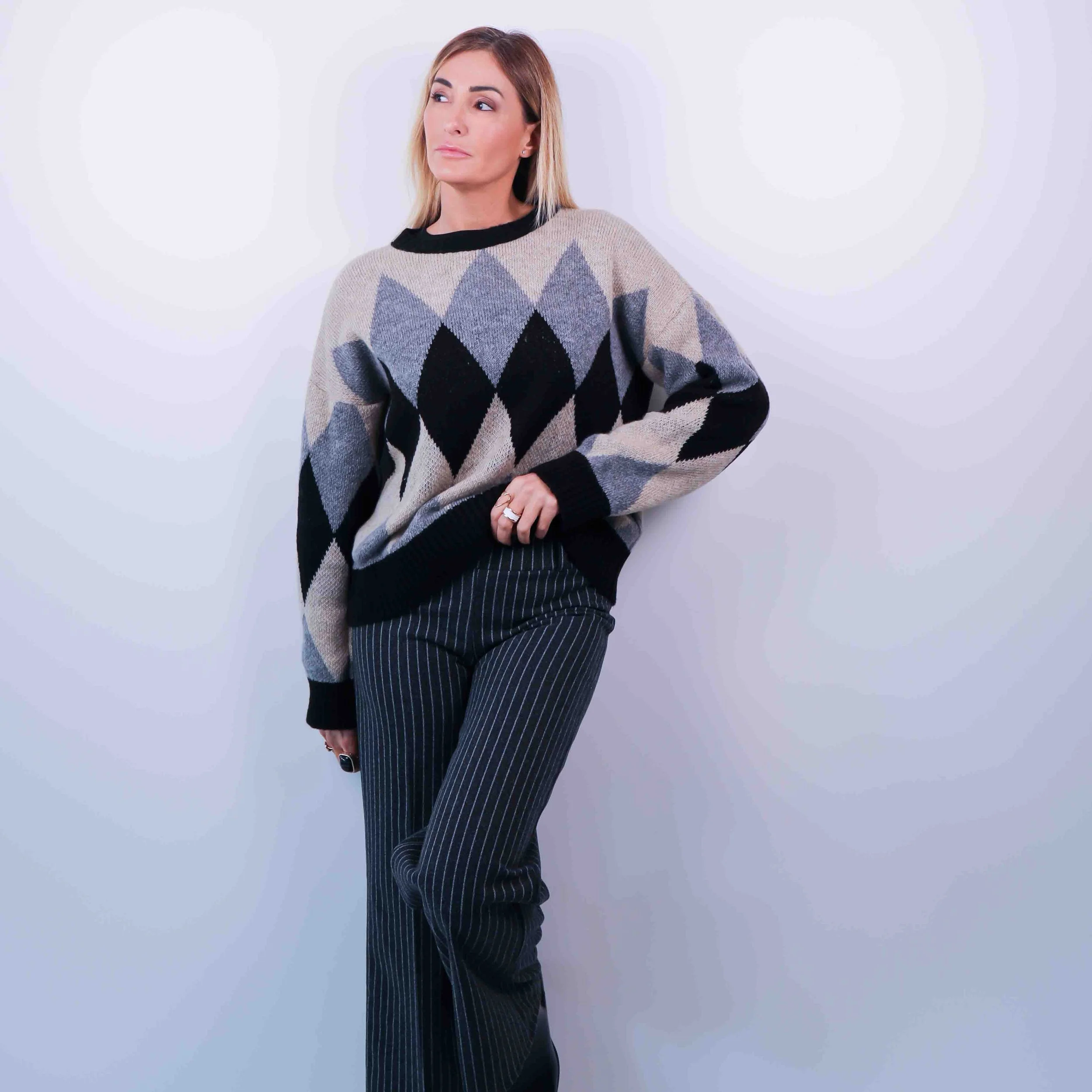 Pantalone Gessato Slim Fit con Elastico in Vita | Grigio