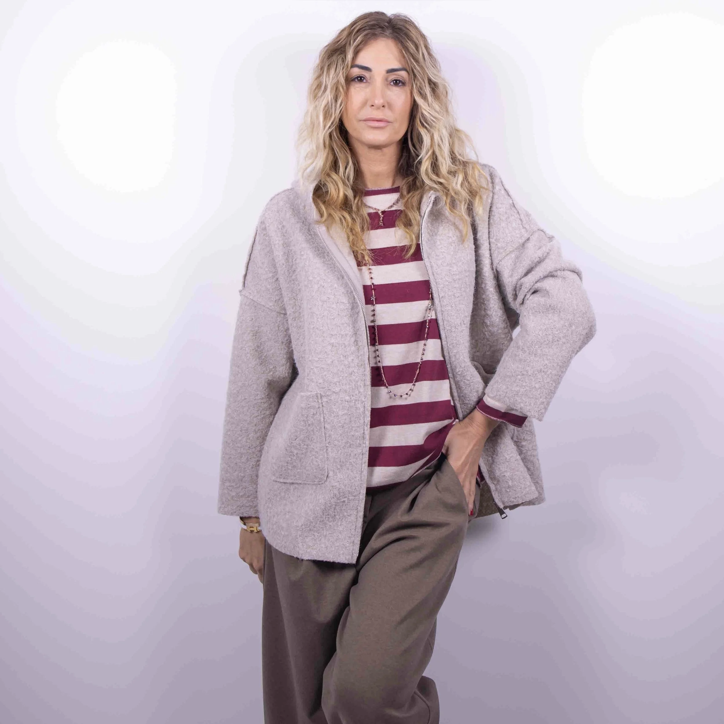 Cardigan Cappotto Bouclé con Cappuccio | Tortora -10%