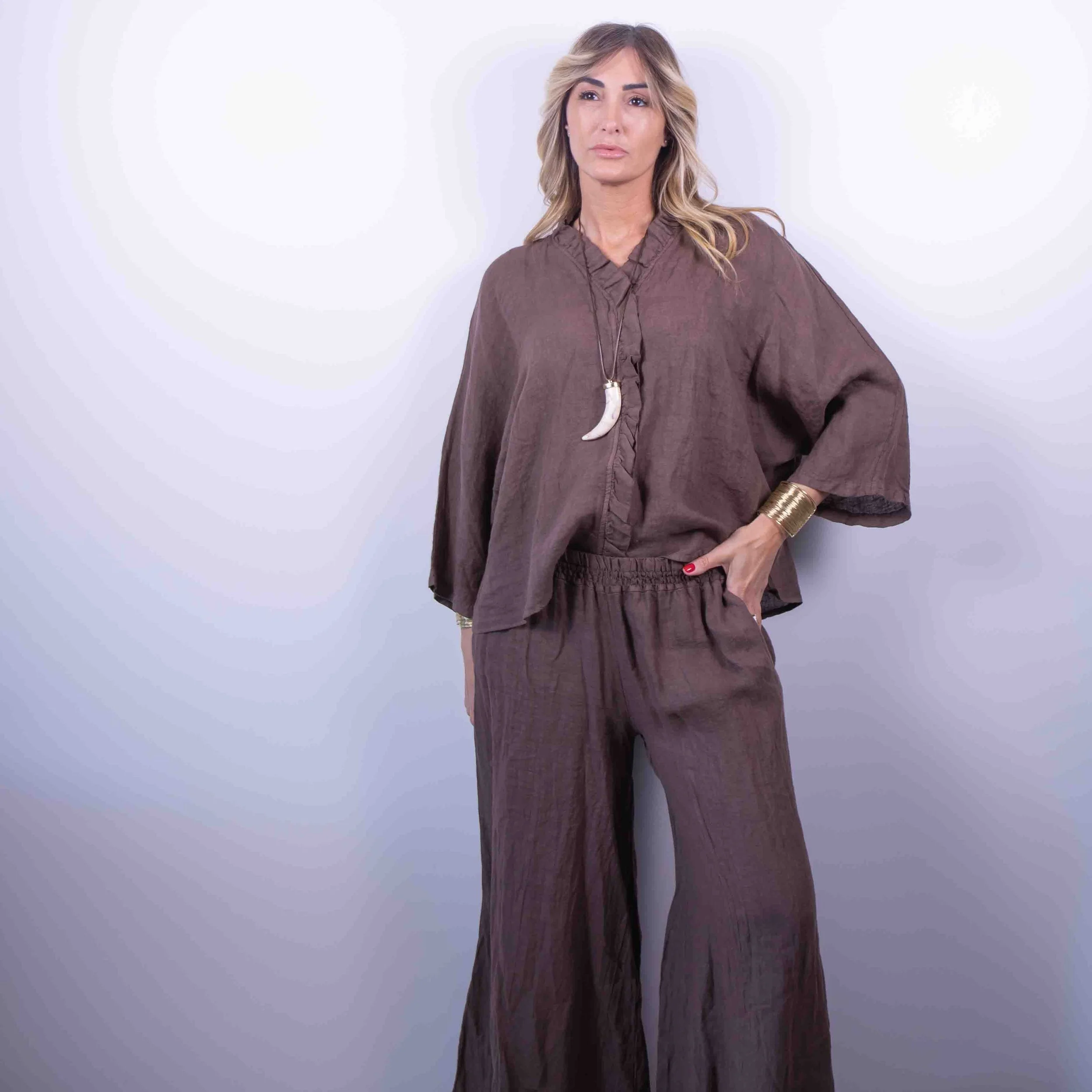 Linen Collection | Pantalone ampio 100% lino Cioccolato -10%