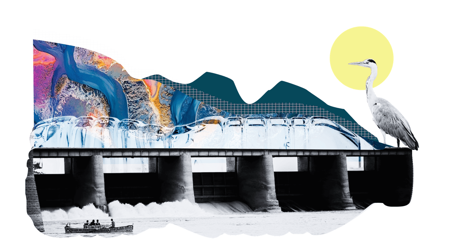 A collage of a dam with flowing water, mountains in the background, a crane standing next to the dam, a boat with people on the water below the dam, and a yellow circle with a bird's head next to the crane.