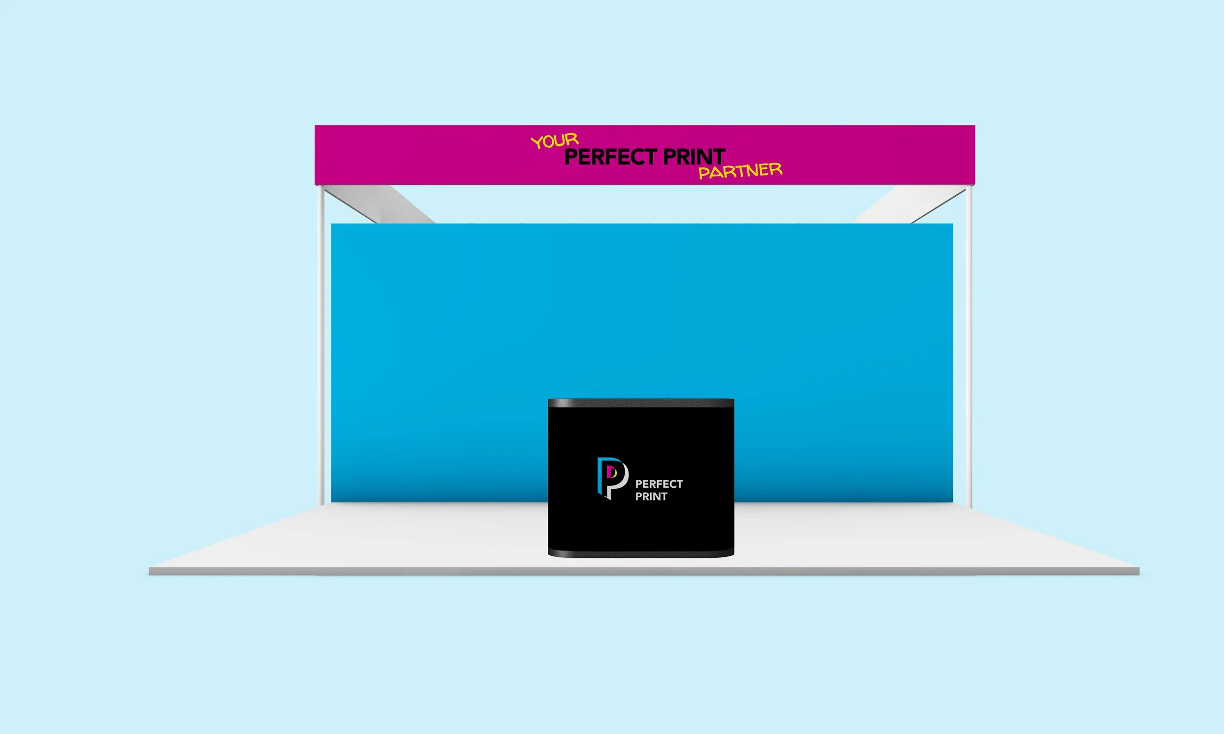 An exhibition stand in the style of Perfect Print branding. This consists of a cyan backdrop, a magenta banner, and a black podium.