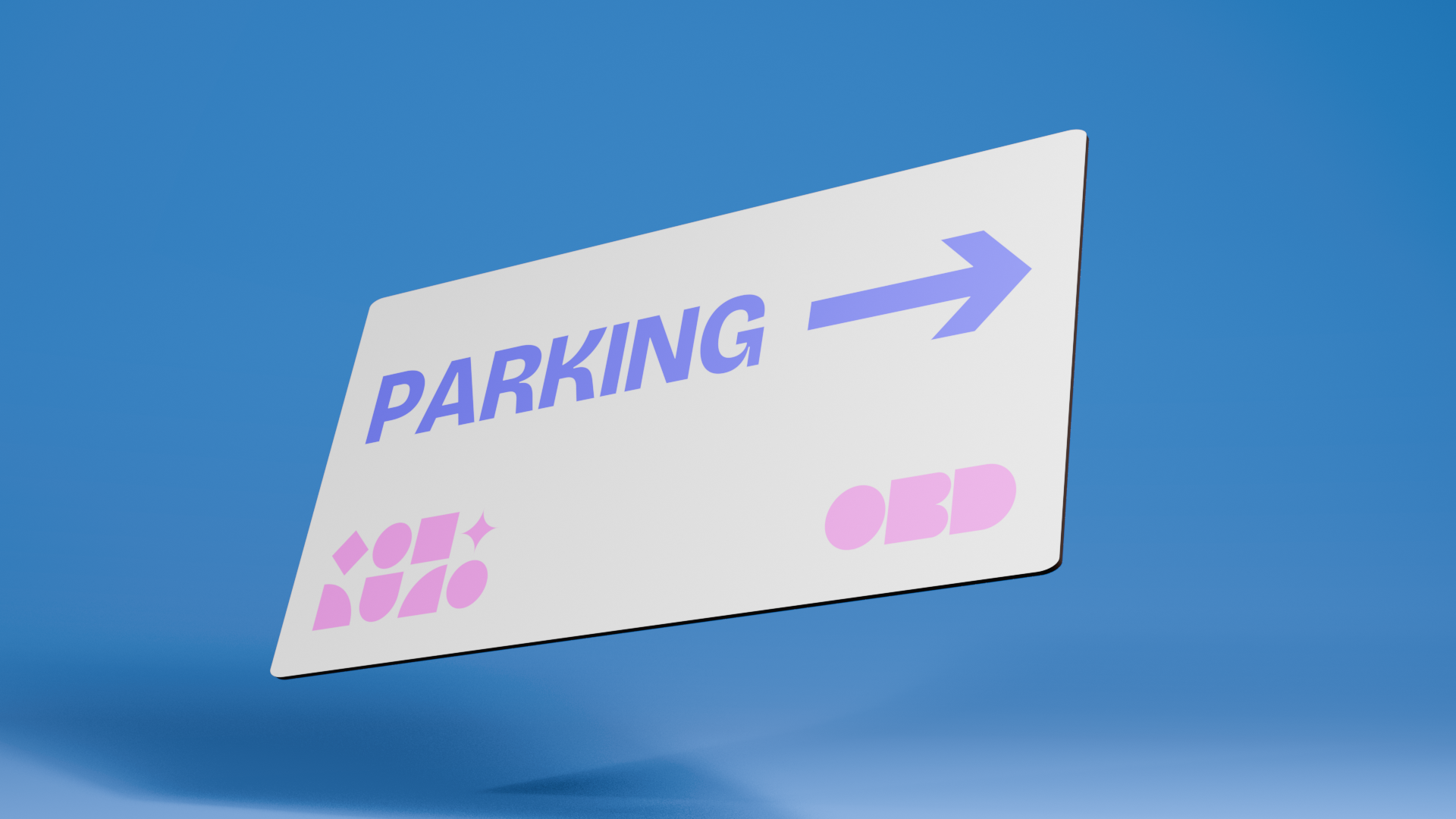 A white dibond sign that shows parking directions, with a pink and purple colour scheme.
