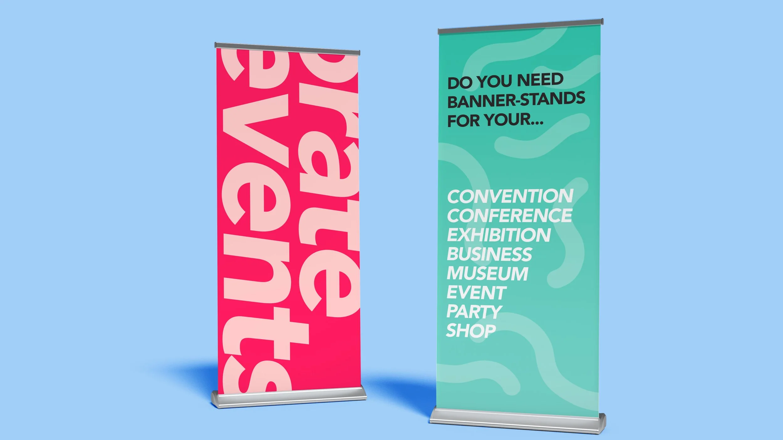 Two roller banners stood side-by-side, one has a red and pink graphic and the other one a teal colour scheme.