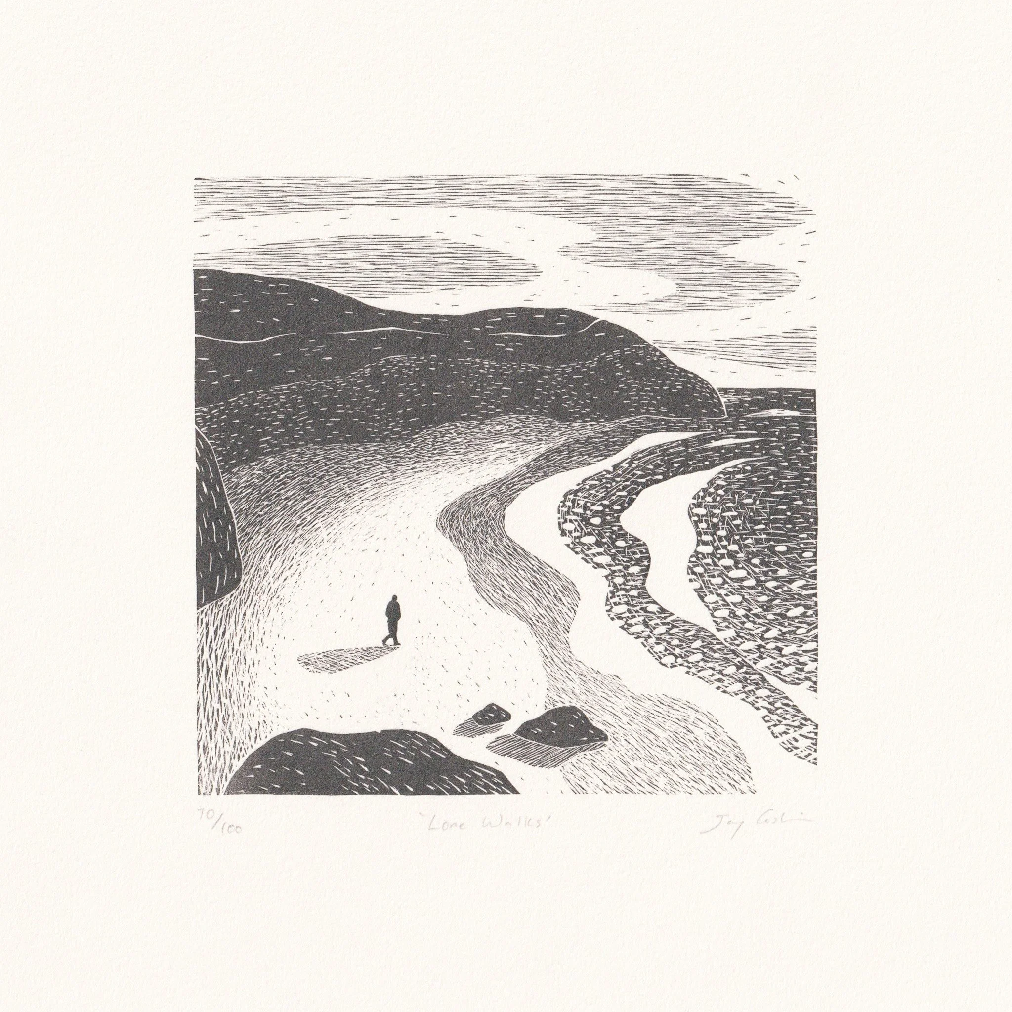 Lone Walks - wood engraving, 2025