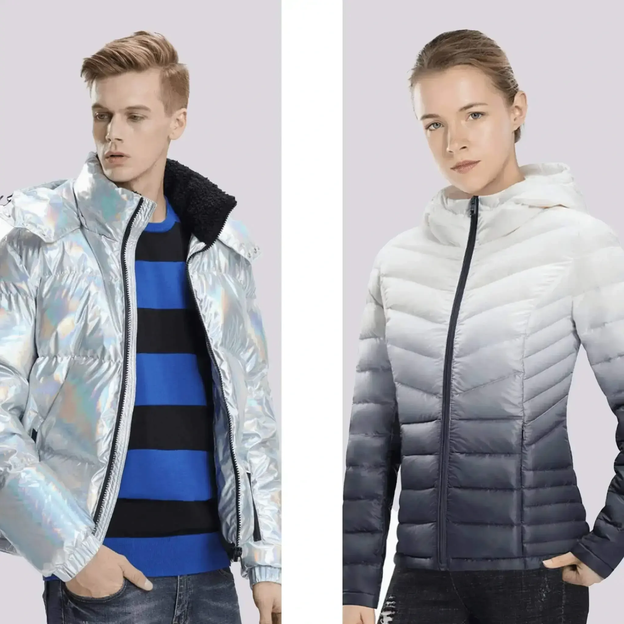 An image of models wearing goose down jackets