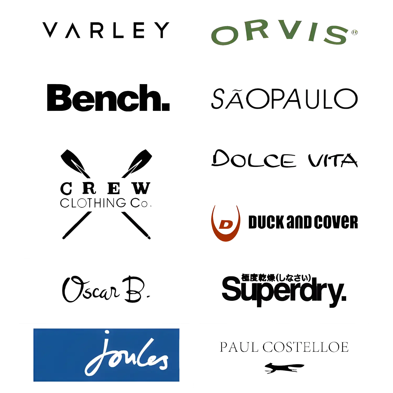 A black and white collage with various brand logos including Varley, Orvis, Bench, São Paulo, Dolce Vita, Crew Clothing Co., Duck and Cover, Superdry, and Joules, with the name Paul Costelloe at the bottom.