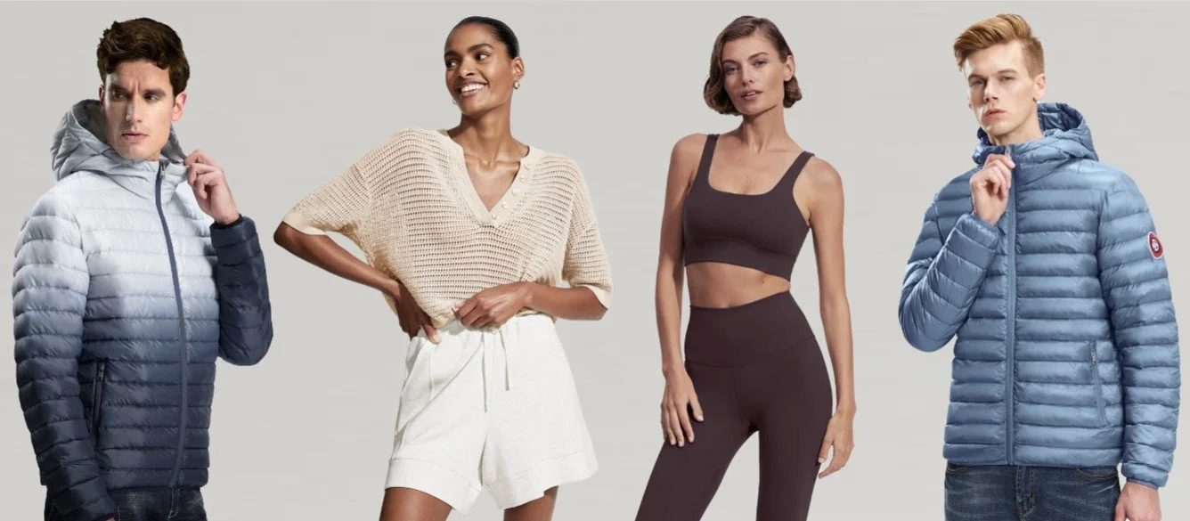 Four people posing in casual and athletic clothing against a plain background.