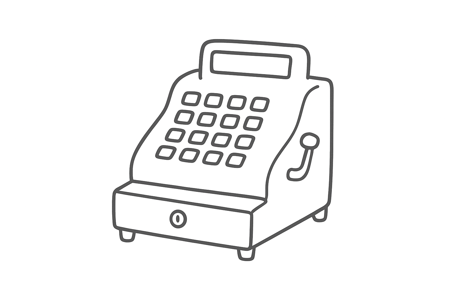 Line drawing of a cash register with a display screen, keypad, and a drawer at the bottom.
