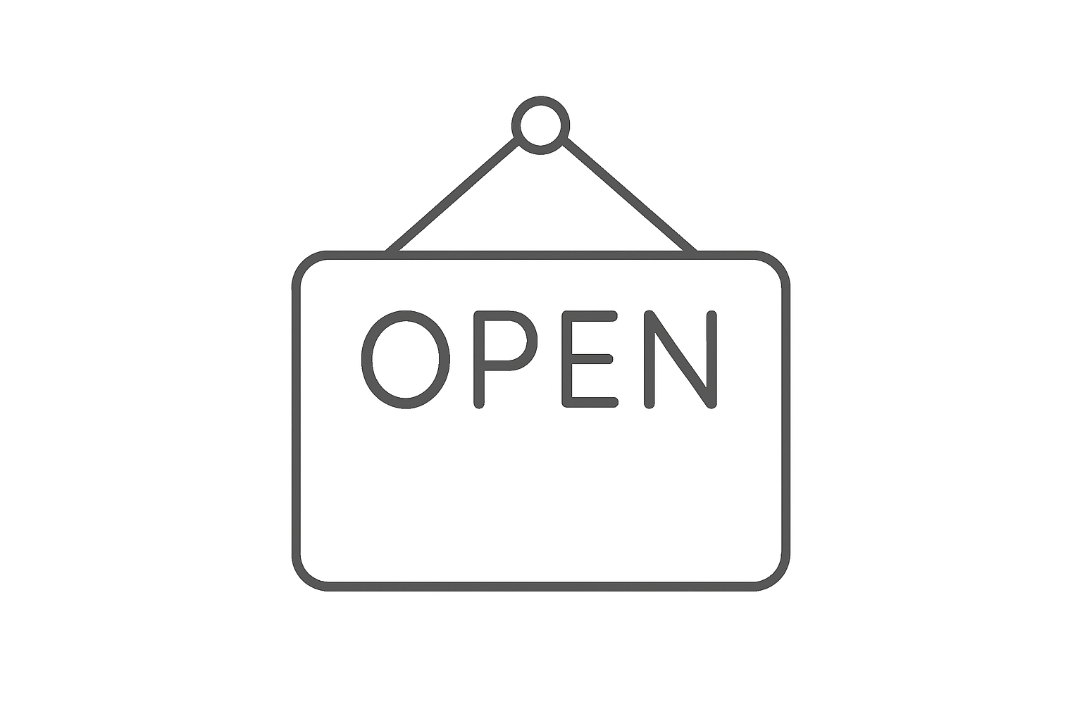 Line drawing of a sign that says 'OPEN', hanging by a string.