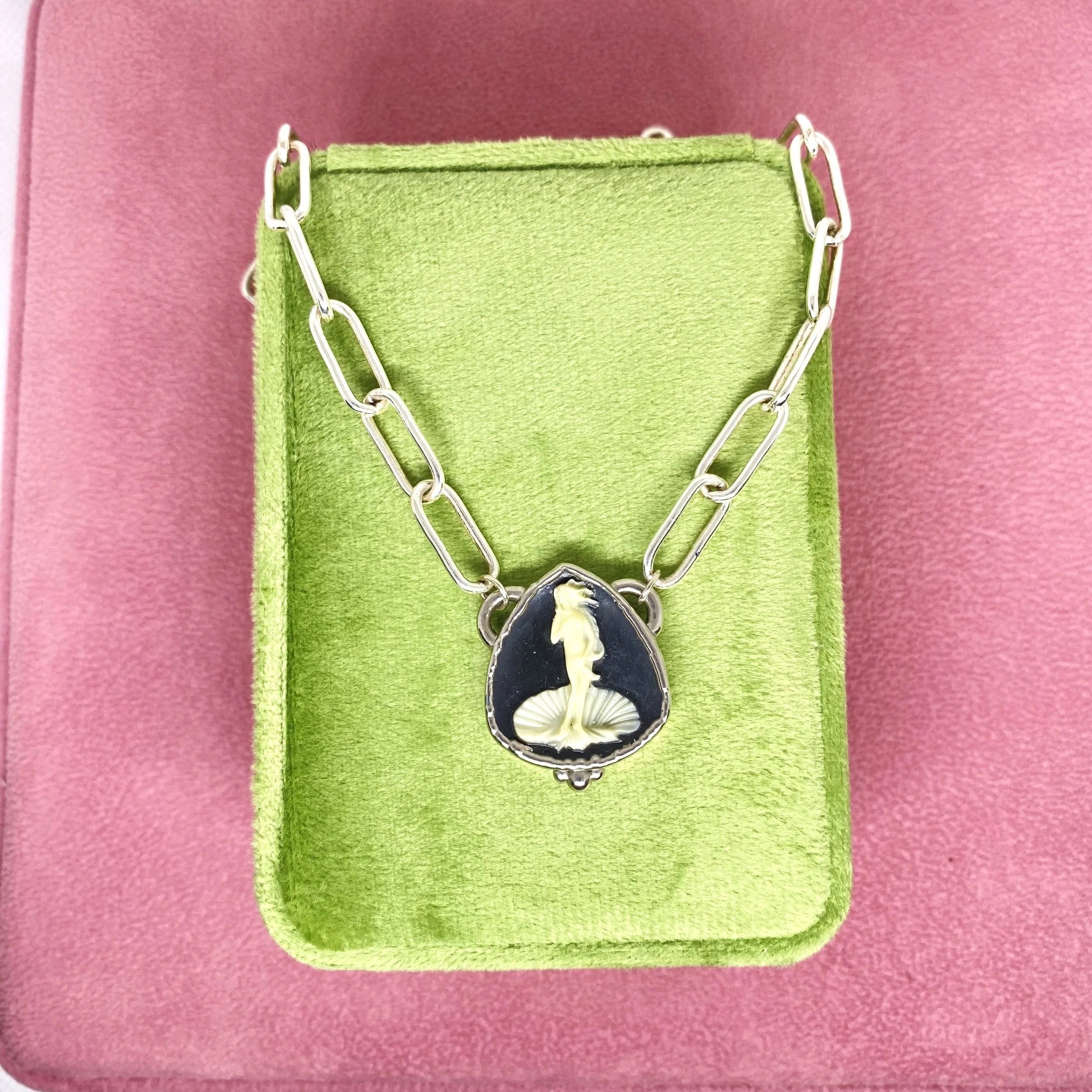 Handmade necklace with vintage Venus cameo pendant and chunky sterling silver paperclip chain,