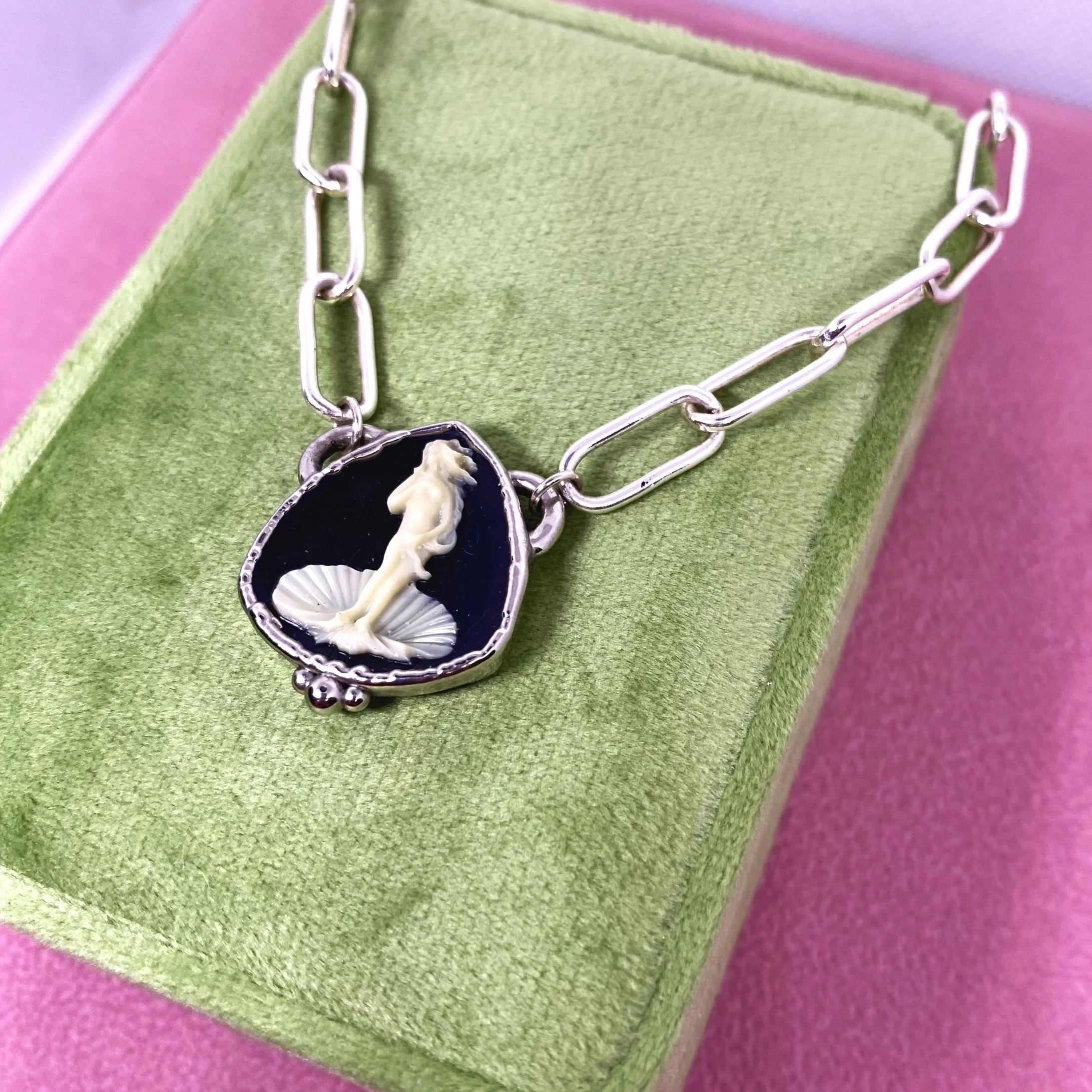 Handmade necklace with vintage Venus cameo pendant and chunky sterling silver paperclip chain,