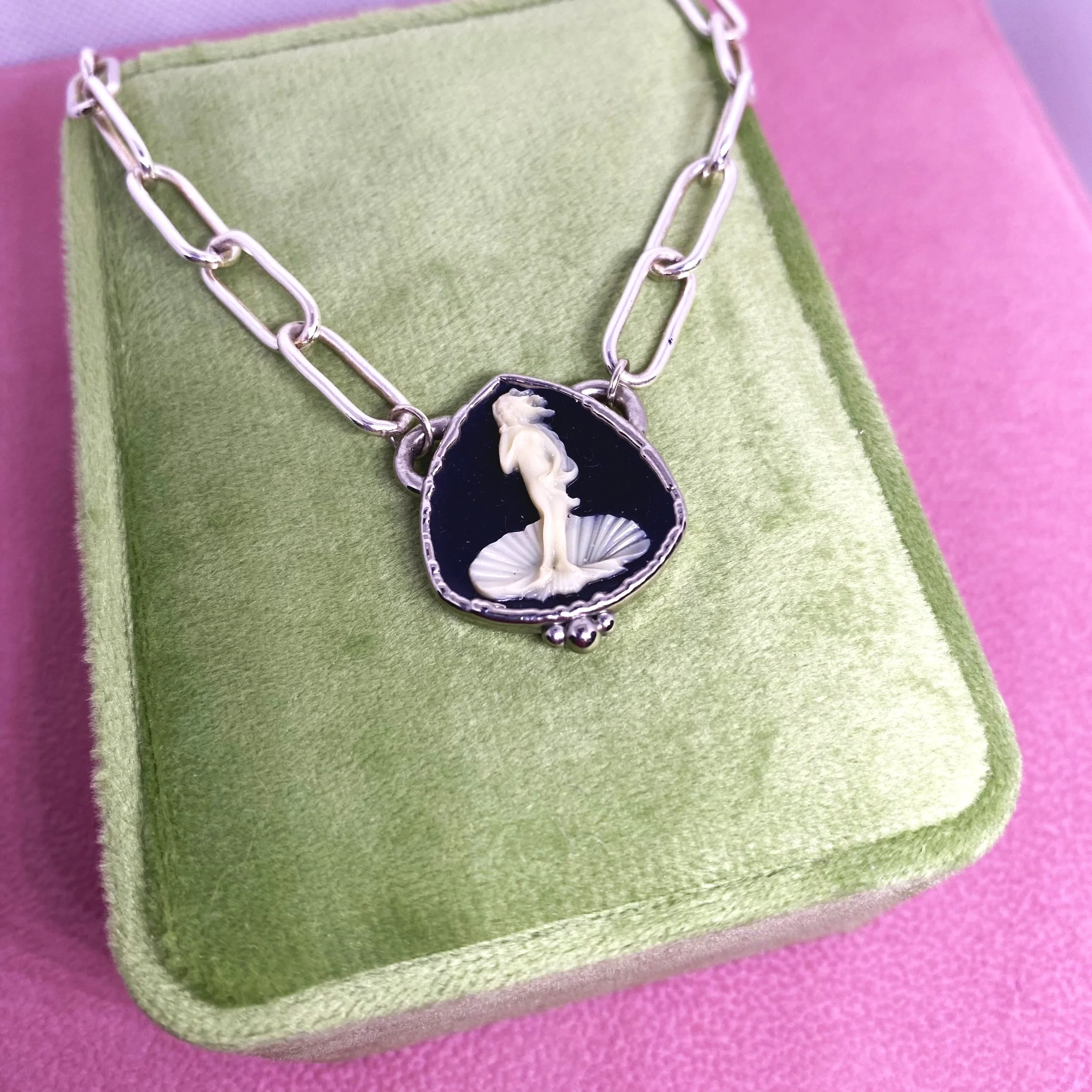 Handmade necklace with vintage Venus cameo pendant and chunky sterling silver paperclip chain,