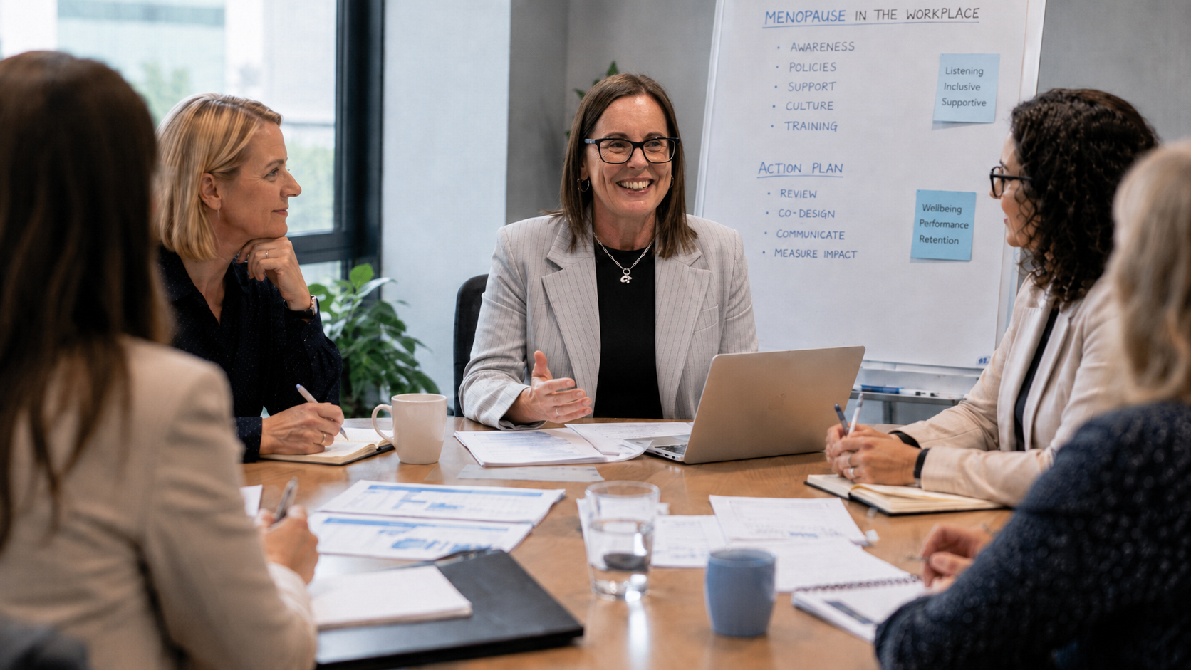 A group of women in a business meeting around a table, with a woman in the center speaking. The table has documents, notebooks, cups, and glasses of water. A whiteboard behind them displays notes about menopause in the workplace.
