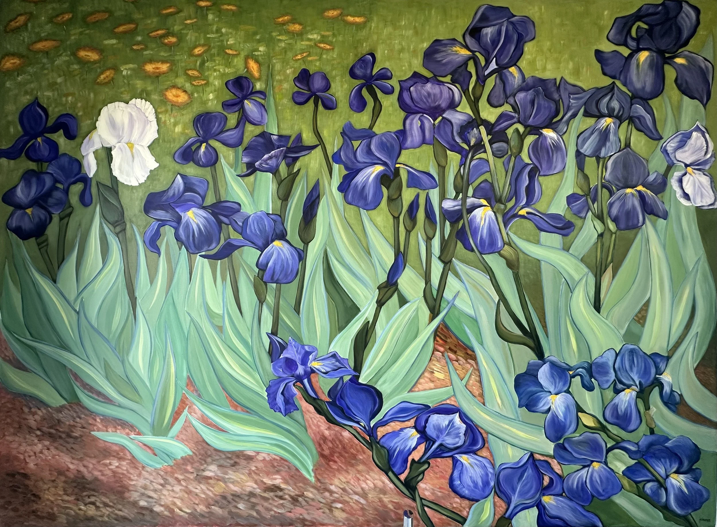 Irises wall mural painted directly to a bathroom wall 2.5x1.5 metres