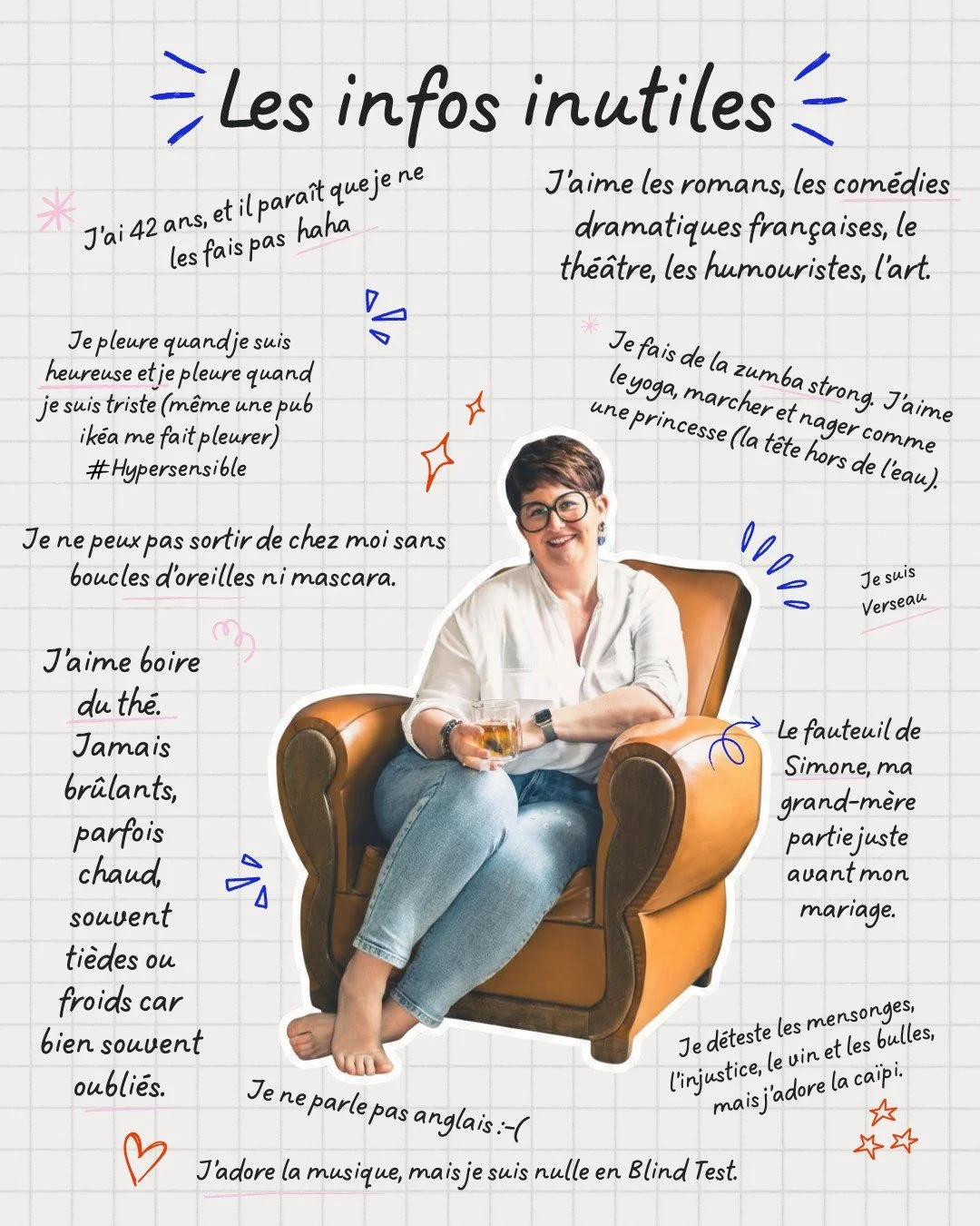 Qui suis-je ? Partie 2 !

Avec des infos... disons... un peu moins "professionnelles".

Et vous, quel est votre &acirc;ge ?
Votre signe astro ? 
Vos plaisirs simples ou vos plaisirs coupables ? 
Votre boisson pr&eacute;f&eacute;r&eacute;e ?