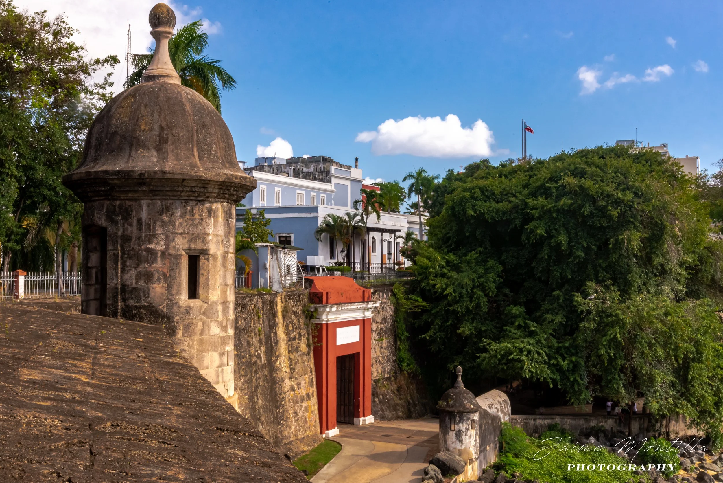 San Juan Gate aka Puerta de Agua (Water Gate)  since it provided access the old port of San Juan.  It is the only remaining of the four gates of the walled city.  Originally a wooden gate built ca. 1632 by the Spanish Corps of Engineers' Bautista Ant