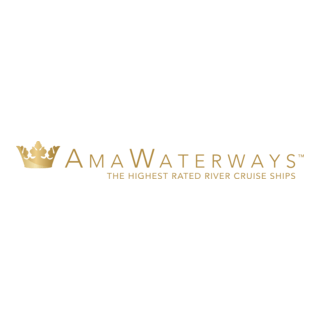 Logo for Ama Waterways featuring a gold crown and the text 'Ama Waterways' with the slogan 'The highest rated river cruise ships'..