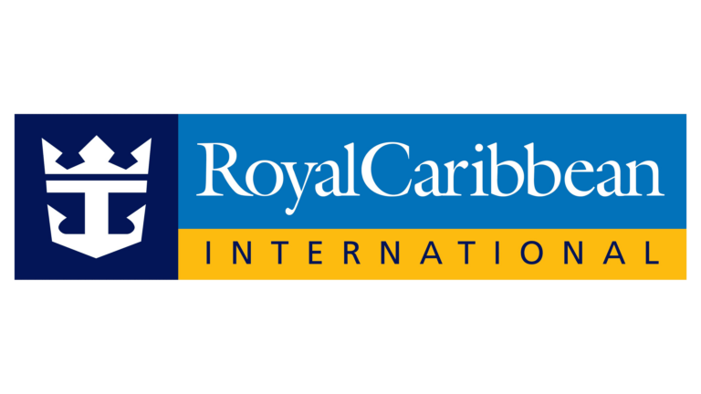 Royal Caribbean International logo with a blue crown and anchor emblem, blue background, and yellow 'International' banner.