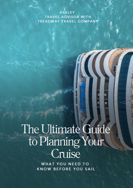 Cover of a travel guide titled "The Ultimate Guide to Planning Your Cruise" featuring an aerial view of a cruise ship sailing in turquoise ocean water.