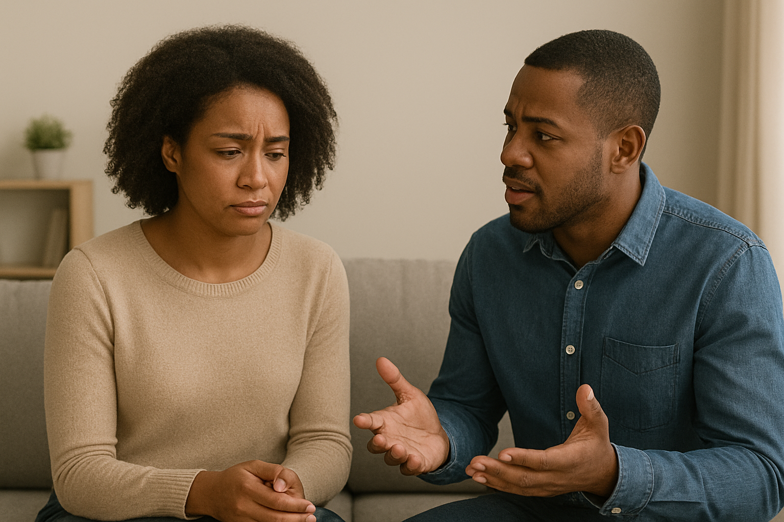 A couple having a conversation on the sofa as the woman holds a sad expression