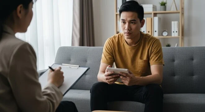 Young man sitting in his therapy session with therapist who is taking notes