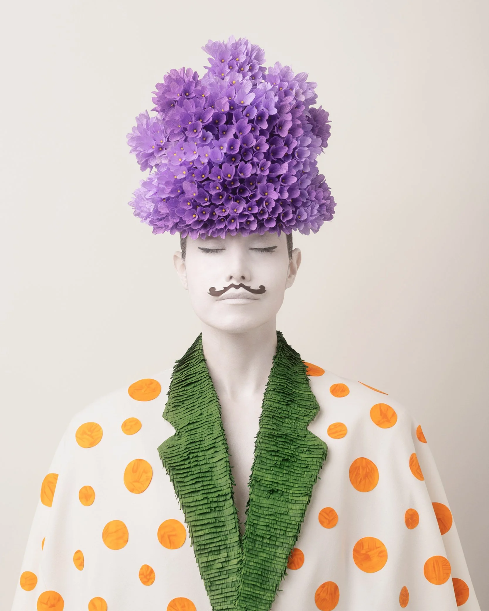 Conceptual fine art portrait with colorful floral headpiece and minimalist composition, modern wall art print
