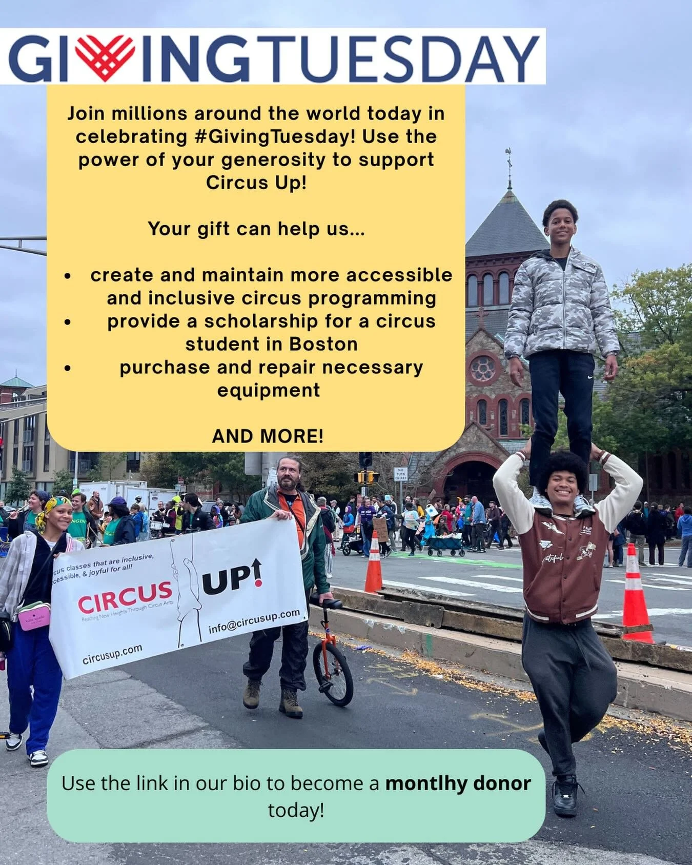 It's #GivingTuesday! Bring the joy of circus to more youth by donating to Circus Up today!

Before the year is up, show your support for Circus Up by becoming a monthly donor and help to send Circus Up into the New Year strong!

😄 $5 a month helps u