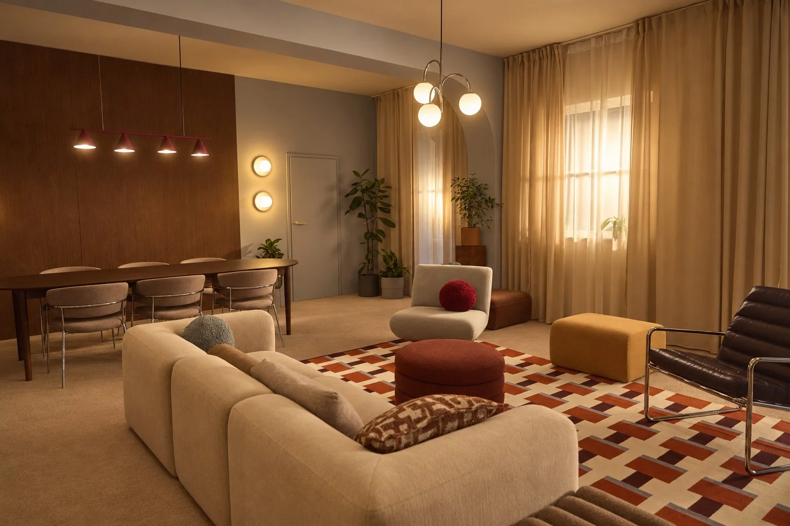 Salon Warsaw Studios z kremową sofą, fotelami i drewnianą ścianą.