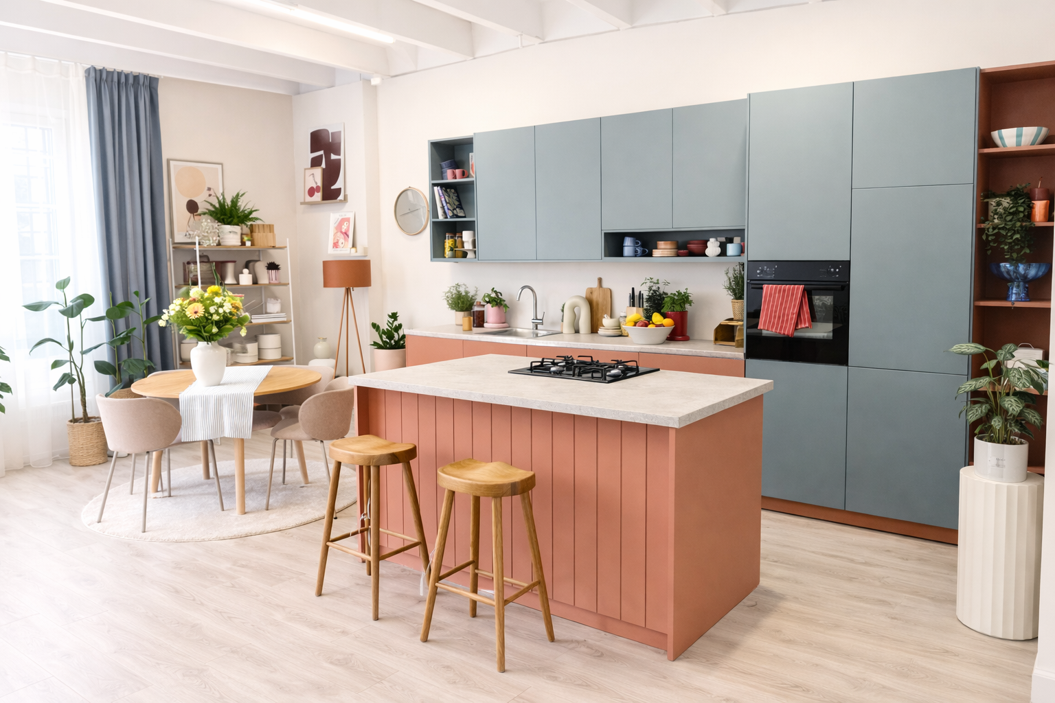 A modern, open-concept kitchen and dining area with minimalist decor. The kitchen features an island with a light-colored countertop, pink base, and three wooden stools. The back wall has upper and lower cabinets in teal, with open shelving displaying dishes, cups, and bowls. The area includes potted plants, a sink, a stove, and various kitchen utensils. Adjacent to the kitchen is a round dining table with a white and beige striped table runner, a vase with flowers, and four upholstered chairs. The space is bright, with natural light coming from a large window dressed with white curtains and blue drapes, complemented by a light-colored hardwood floor.