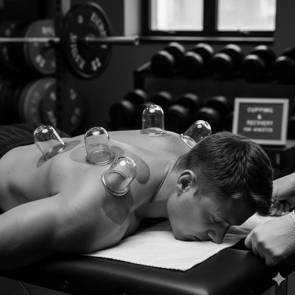 Male athlete is getting treat with cupping therapy on his back