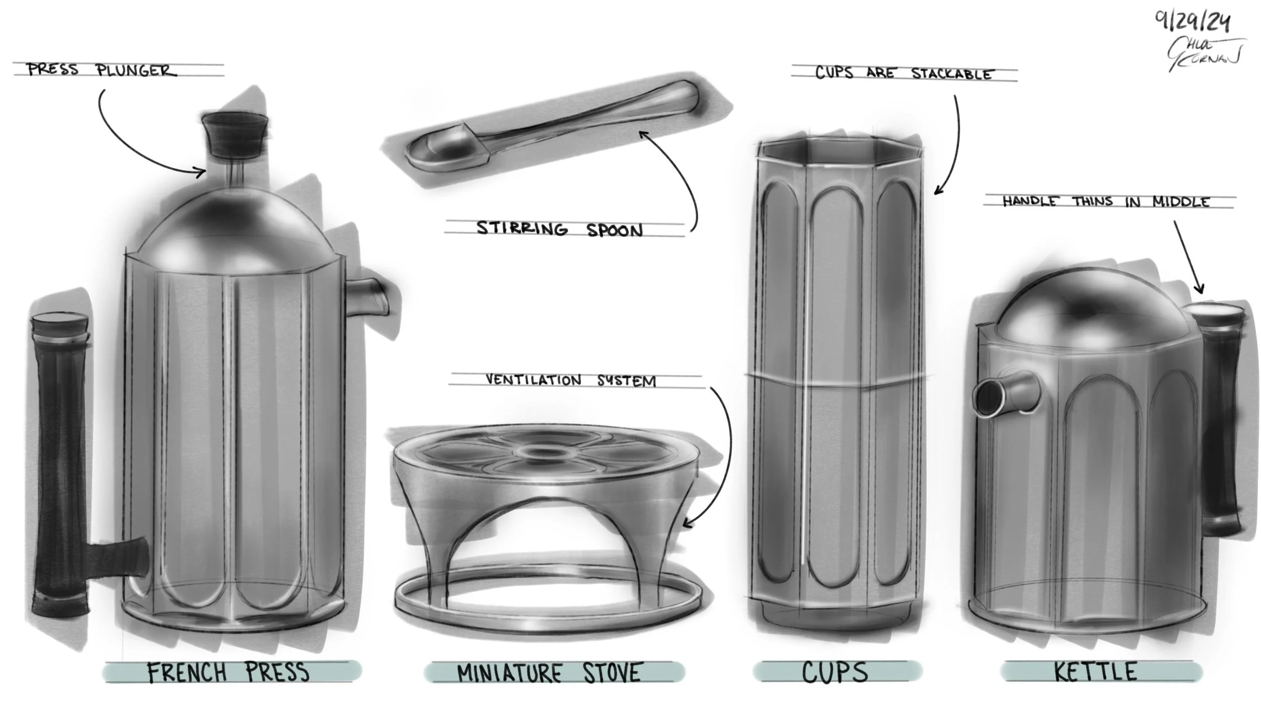 Concept design of a coffee set designed for a 1950s fallout bunker